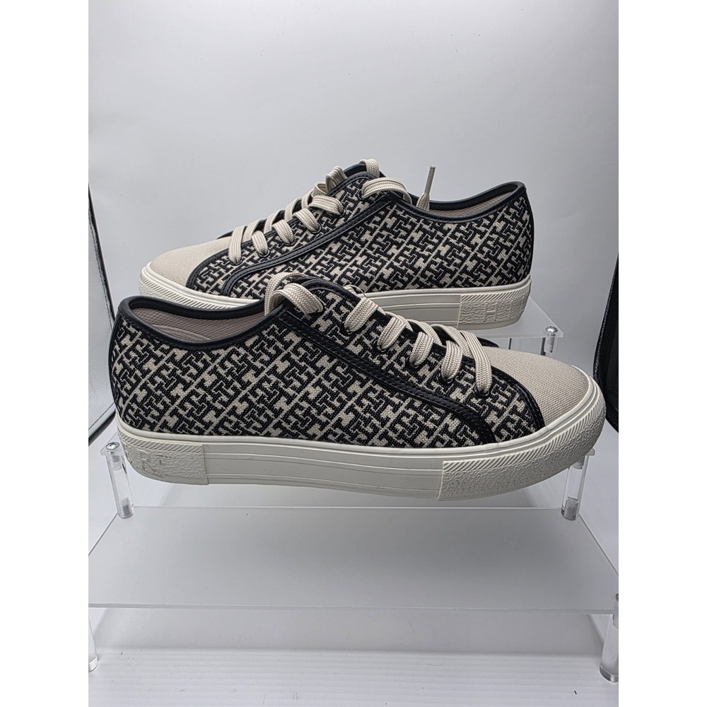 Tommy Hilfiger Women's Aquila Lace Up Sneakers Black Beige Logo Size 10